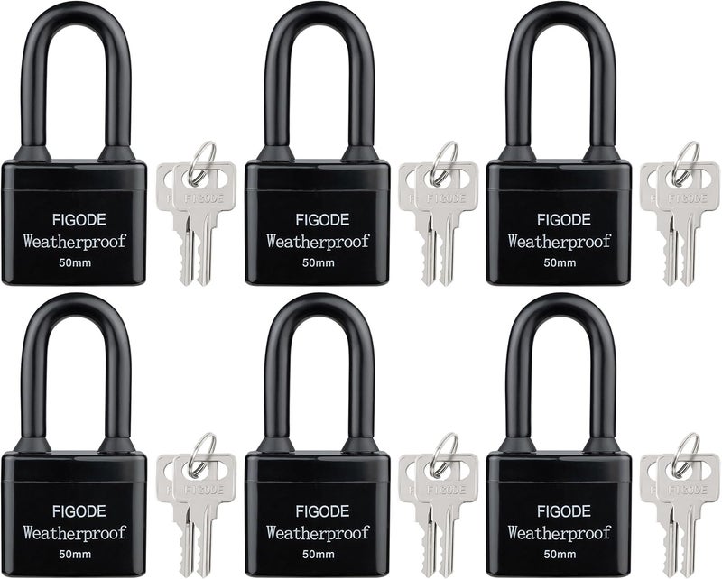 FIGODE ® Outdoor Waterproof Padlocks, Covered Heavy Duty Laminated Steel Locks, Large Sturdy Locks, 2.2 in. Wide, 6 Locks Same Key, Long Padlocks - Image 1